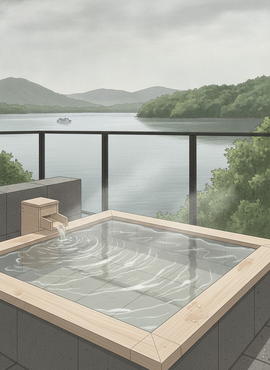 Illustration of Akan Tsuruga Bessou Hinanoza in Akanko Onsen, lakefront in the middle of the village beside New Akan Hotel