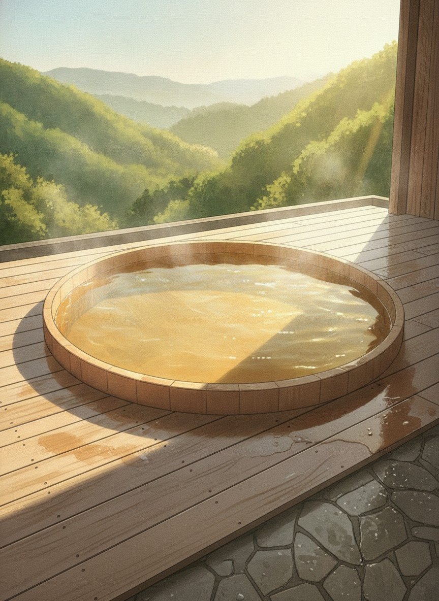 Illustration of Motoyu Ryusenkaku in Arima Onsen, above the town