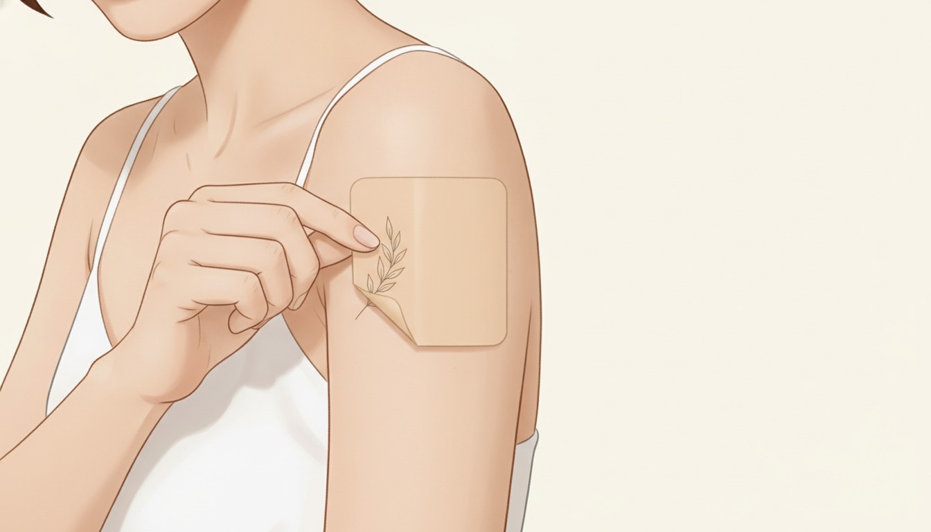 Illustration of a woman pressing a skin-colored cover seal, much larger than the tattoo, over a small leaf tattoo on her upper arm