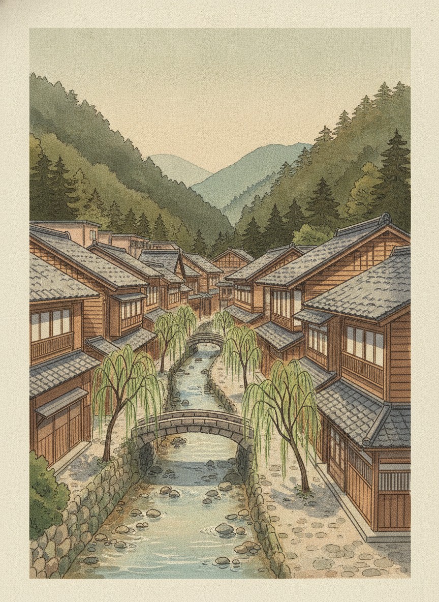 Illustration of a willow-lined river street through Atsumi Onsen