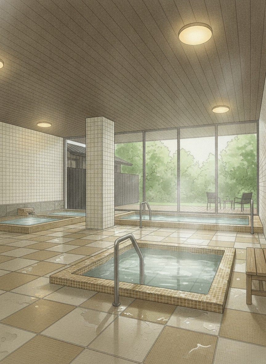 Illustration of Ooedo Onsen Monogatari Premium Seiunkaku in Futaomote, on the rise above the onsen town