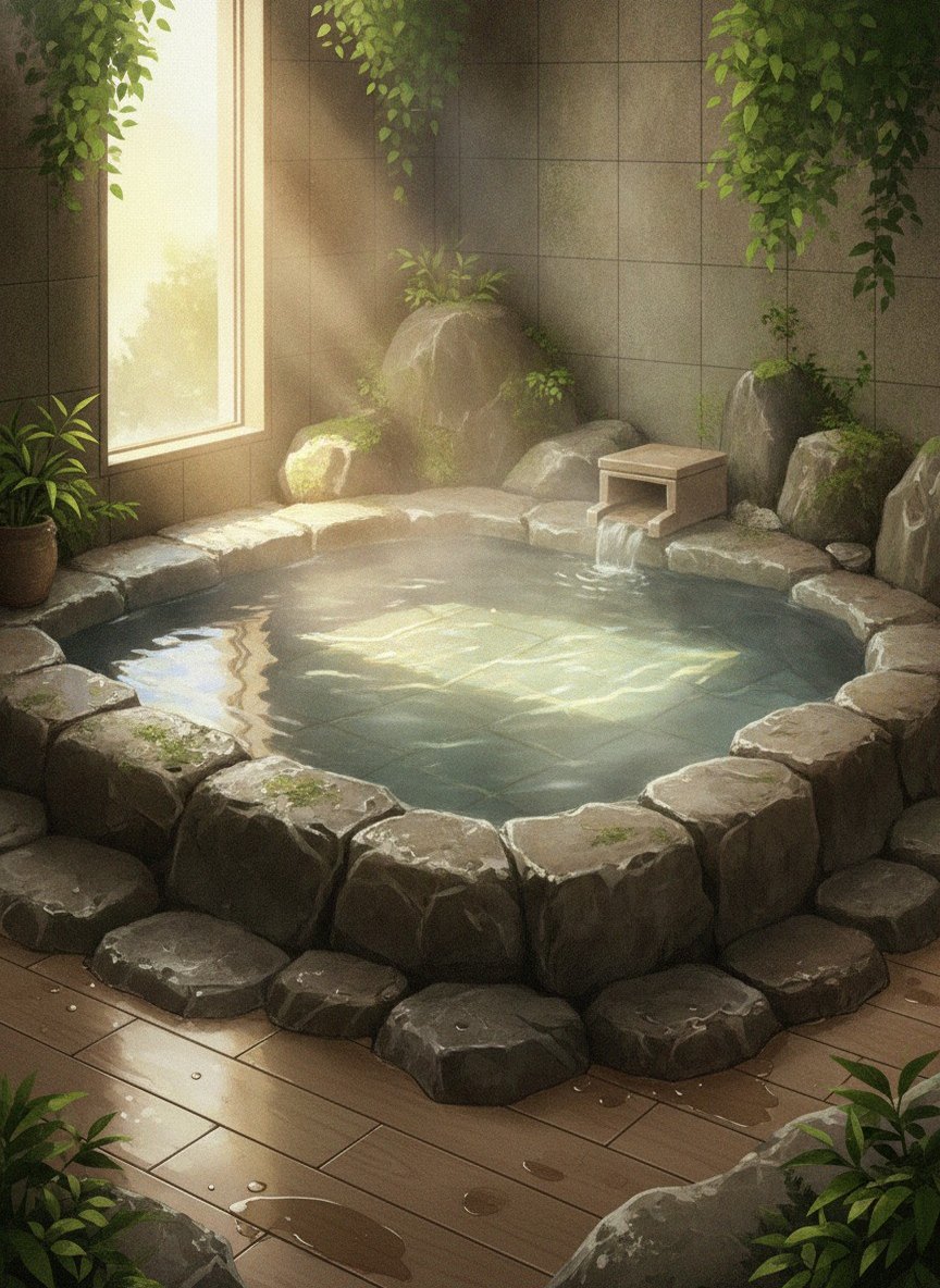 Illustration of Seiryukaku in Nishi-Onsen, on the west edge of the onsen town