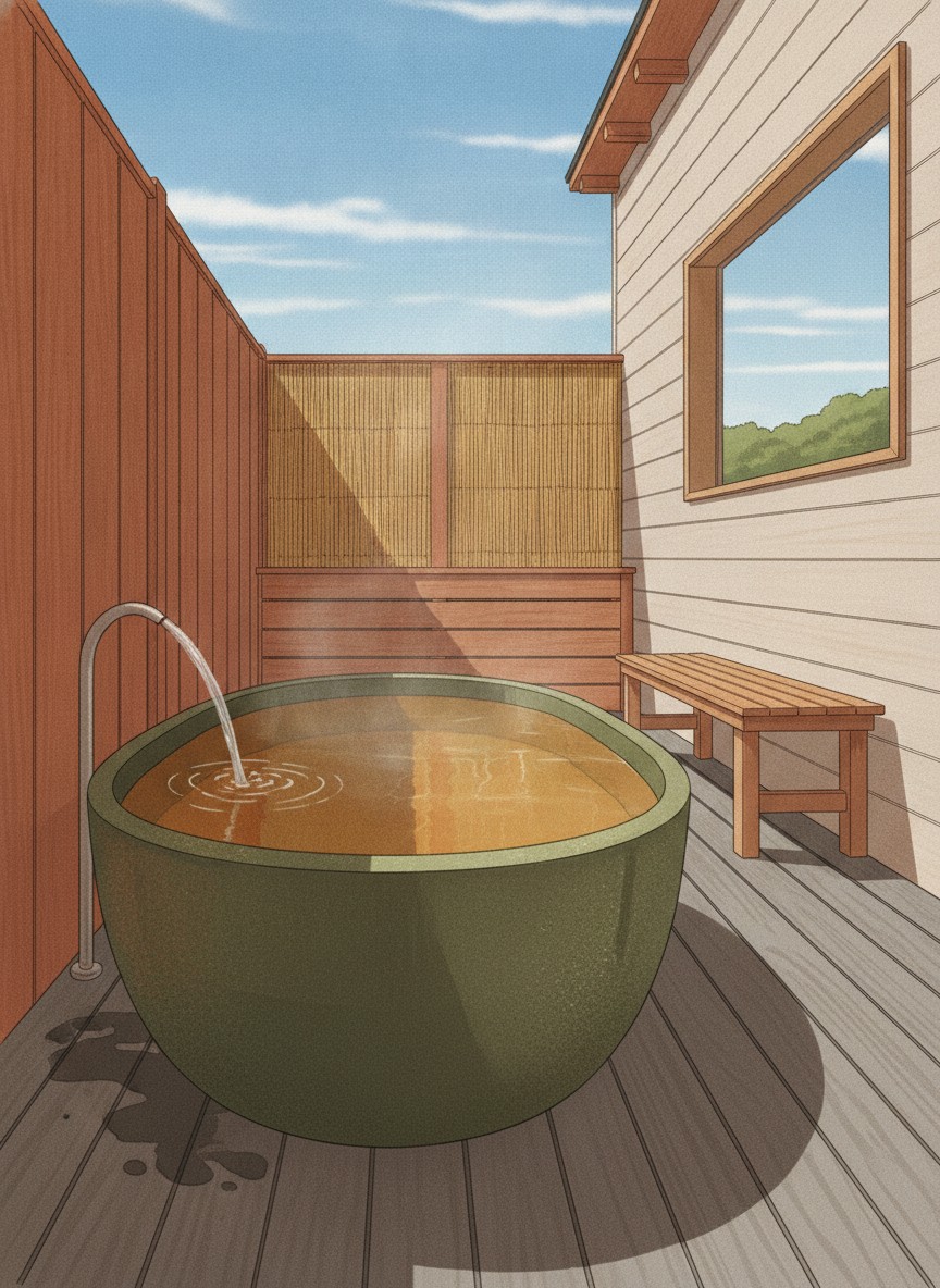 Illustration of Manten no Tsujinoya in Awazu Onsen, Yunokamimachi, at the south edge of town in a large garden