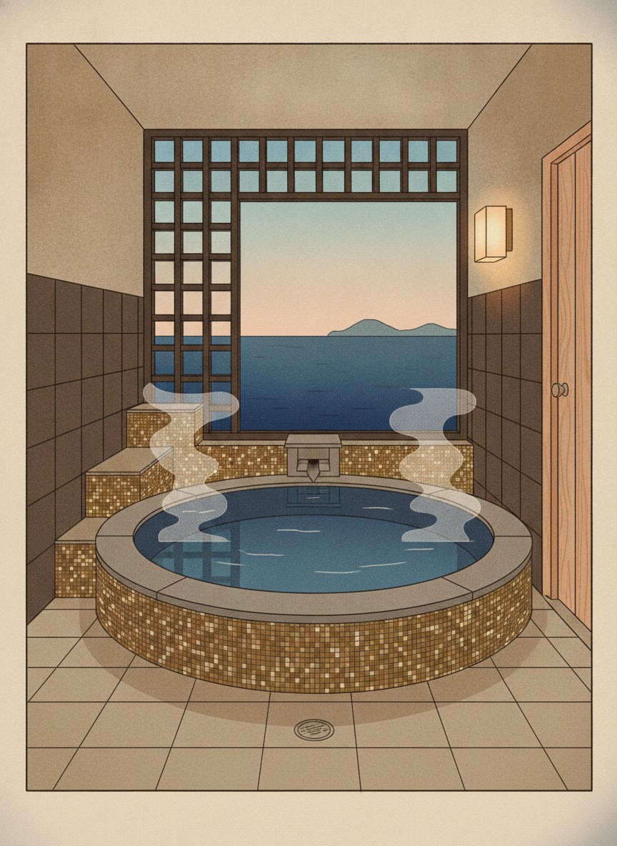 Illustration of AMANE RESORT SEIKAI in Shoningahama, on the shore between Beppu Station and Kamegawa