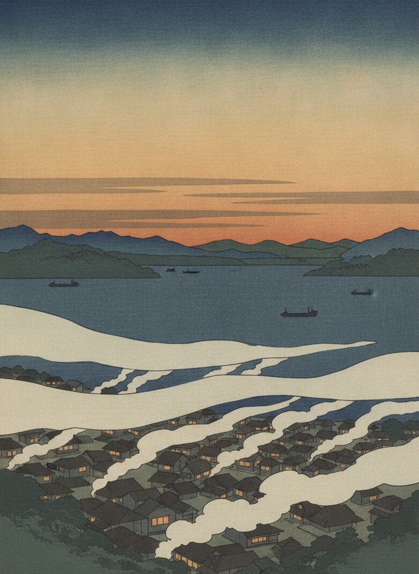Illustration of Beppu at dusk: columns of white steam rising from the roofs of the hot spring district, the bay and the hills beyond