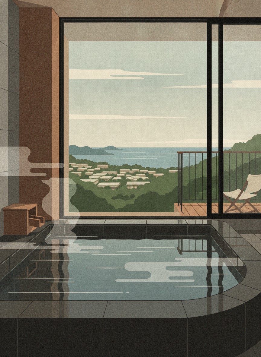 Illustration of SEKIYA RESORT GALLERIA MIDOBARU in Horita, on the plateau above the Beppu interchange
