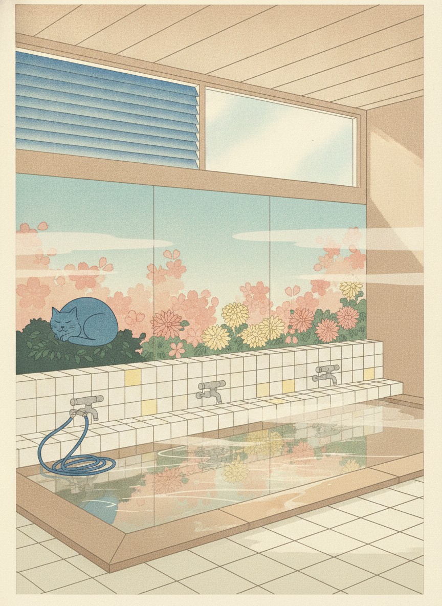 Illustration of Higashimachi Onsen in Hamawaki, a minute from Higashi-Beppu Station