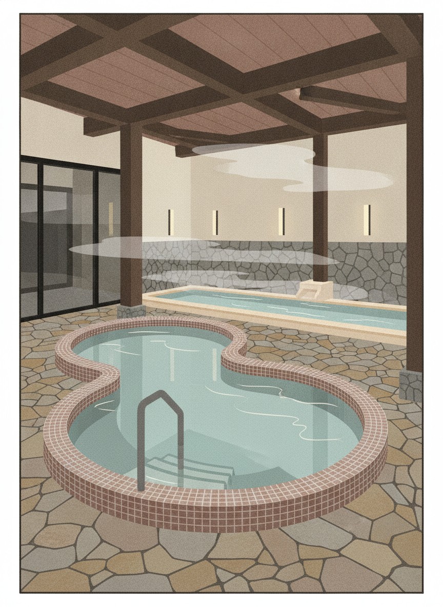 Illustration of Hyotan Onsen in Kannawa, five minutes downhill from the mushi-yu