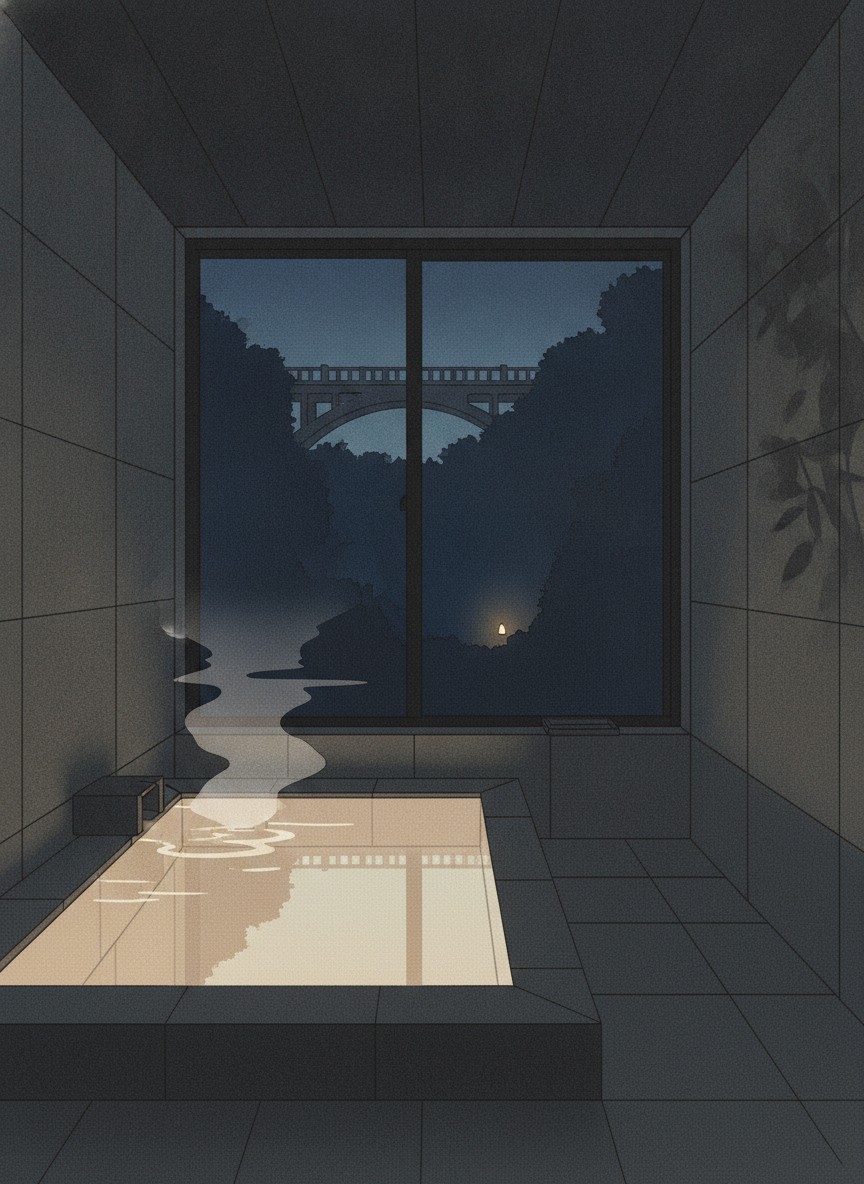 Illustration of Okamotoya Ryokan in Myoban, on the slope below the Myoban bridge