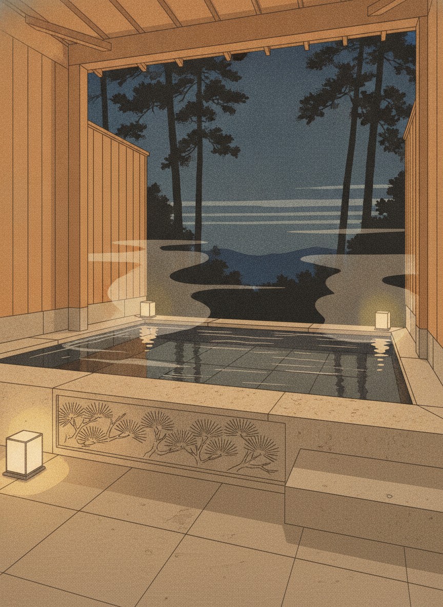 Illustration of Ryotei Matsubaya in Kankaiji, on the hillside about 200 meters above the bay