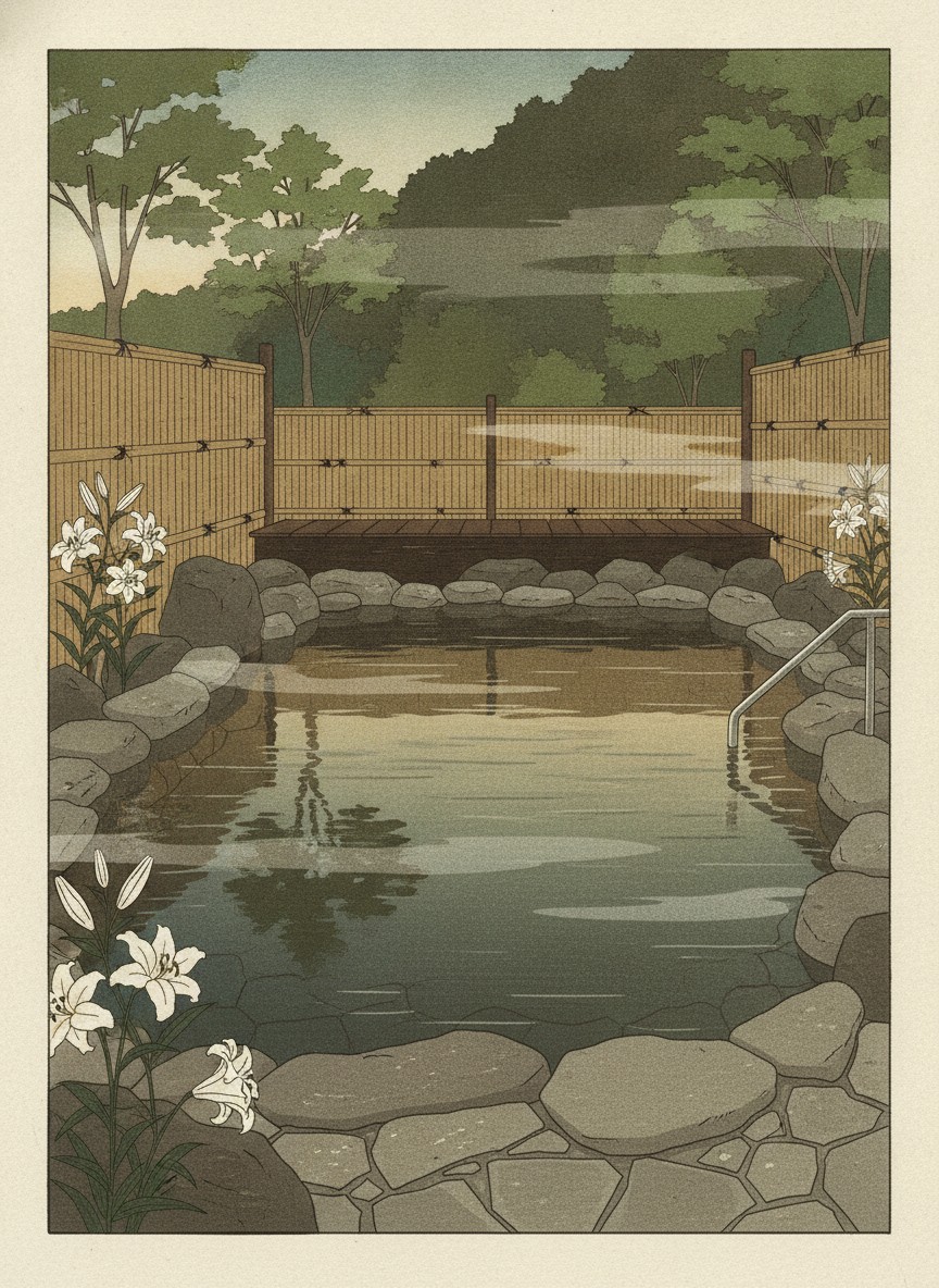 Illustration of Shibaseki Onsen in Shibaseki, up the valley past the Blood Pond Hell
