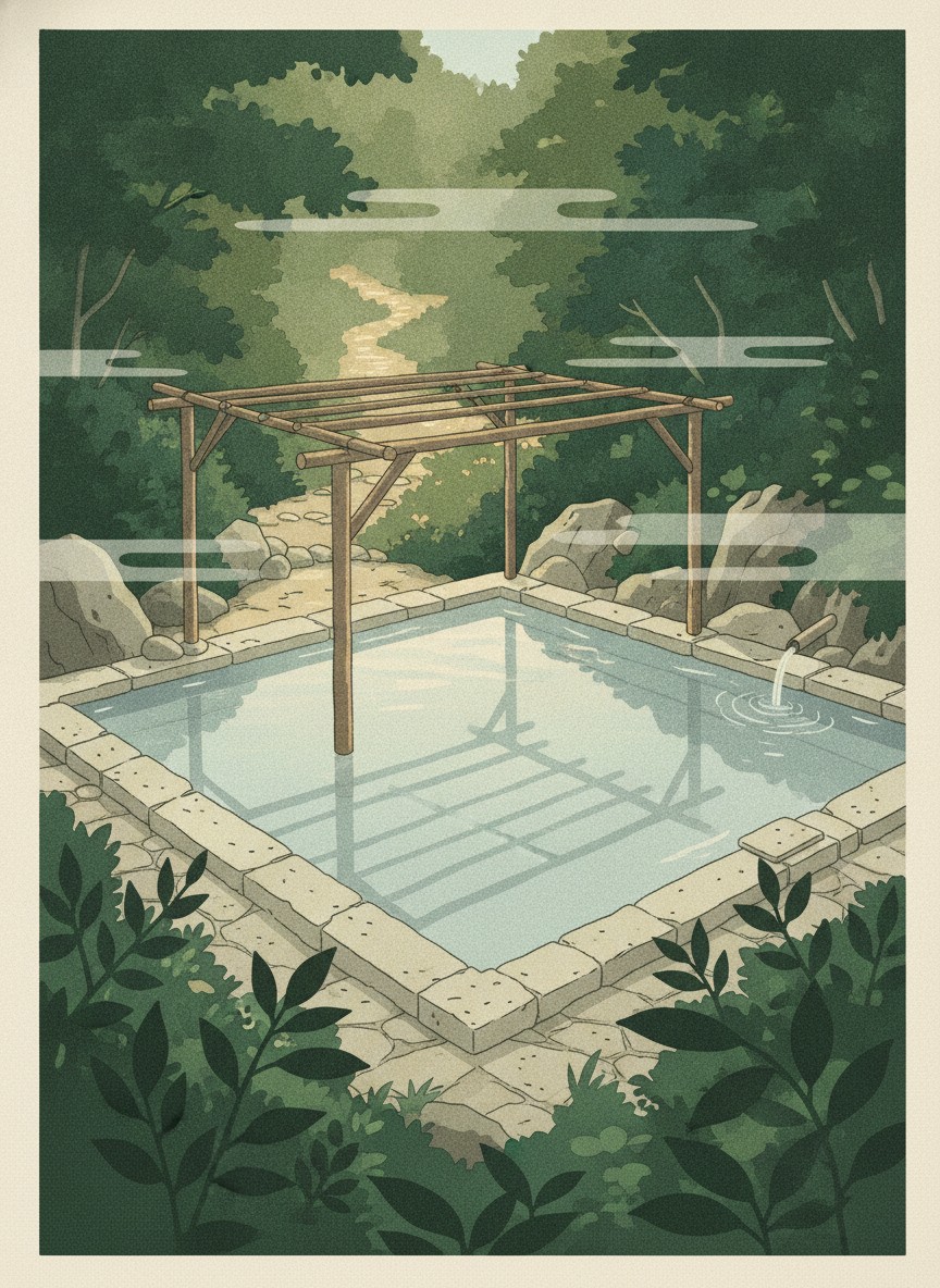 Illustration of Yuyama no Sato Onsen in Myoban, above the alum huts on the hillside