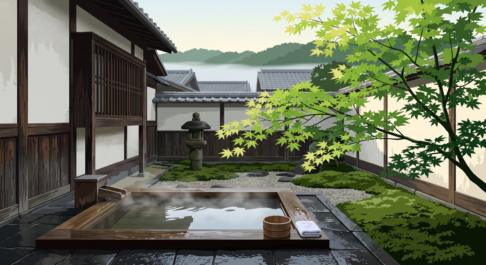 Illustration of a private open-air bath in a Kyoto machiya courtyard garden, fresh green maple and a stone lantern in morning light