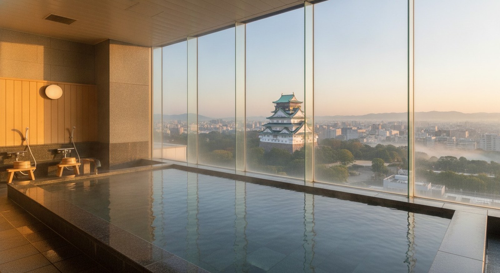Illustration of a hotel’s top-floor bath at dawn in Nagoya, steam over the water and Nagoya Castle with its golden shachihoko beyond the window