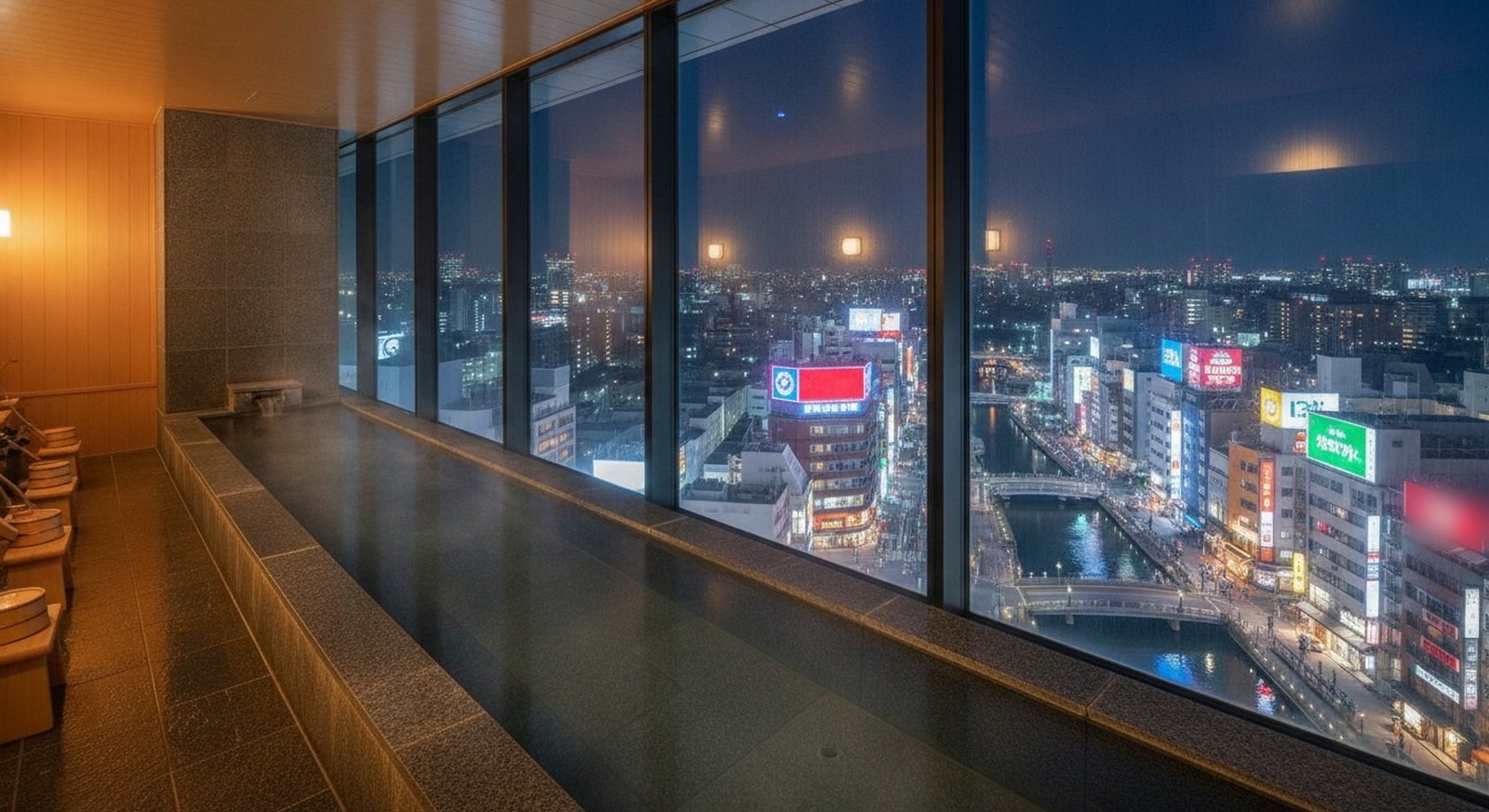 Illustration of a hotel’s top-floor bath at night in Osaka, steam over the water and the neon of the Dotonbori canal far below the window