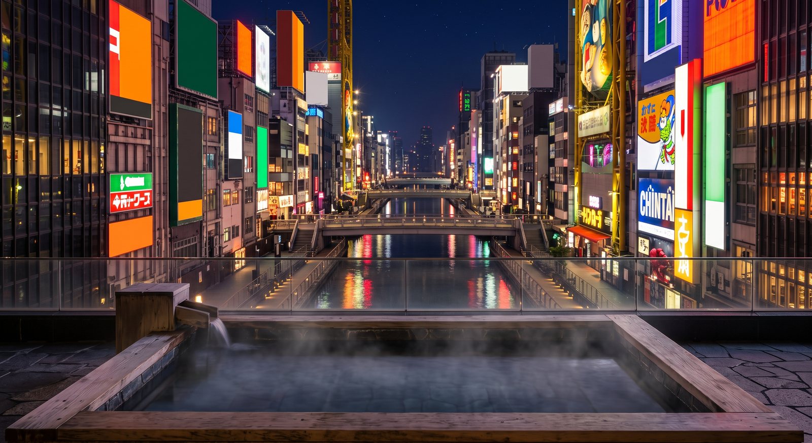 Illustration of a rooftop bath at night above the Dotonbori canal in Osaka, neon reflected in the water below