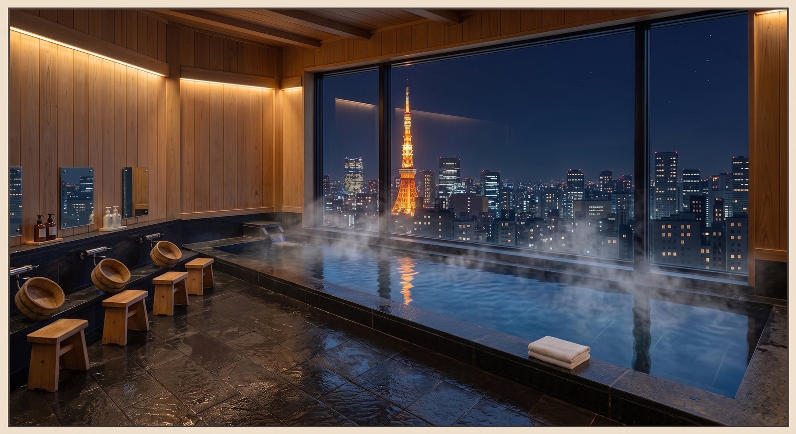Illustration of a hotel large bath at night in Tokyo, steam over the water and Tokyo Tower lit orange beyond the window