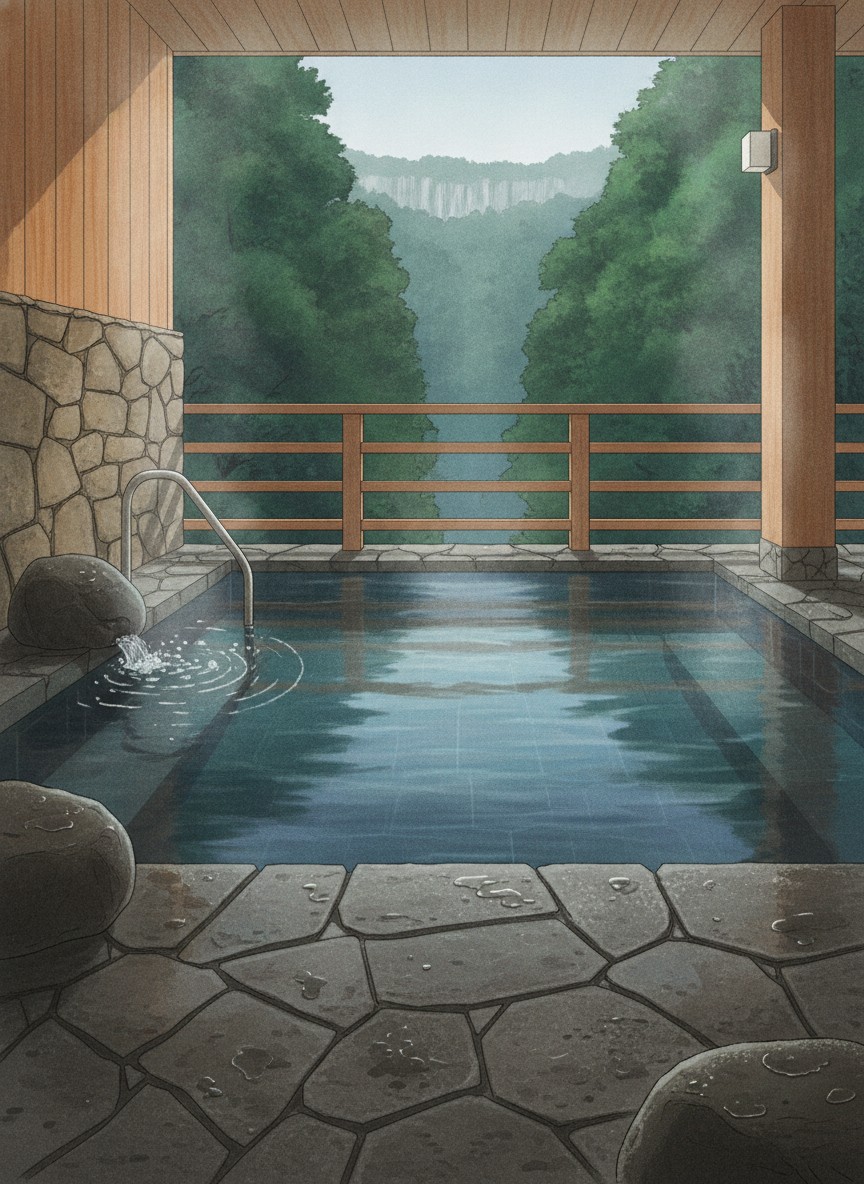 Illustration of Hotel Taisetsu Onsen & Canyon Resort in Sounkyo, on the slope above the village with the canyon below