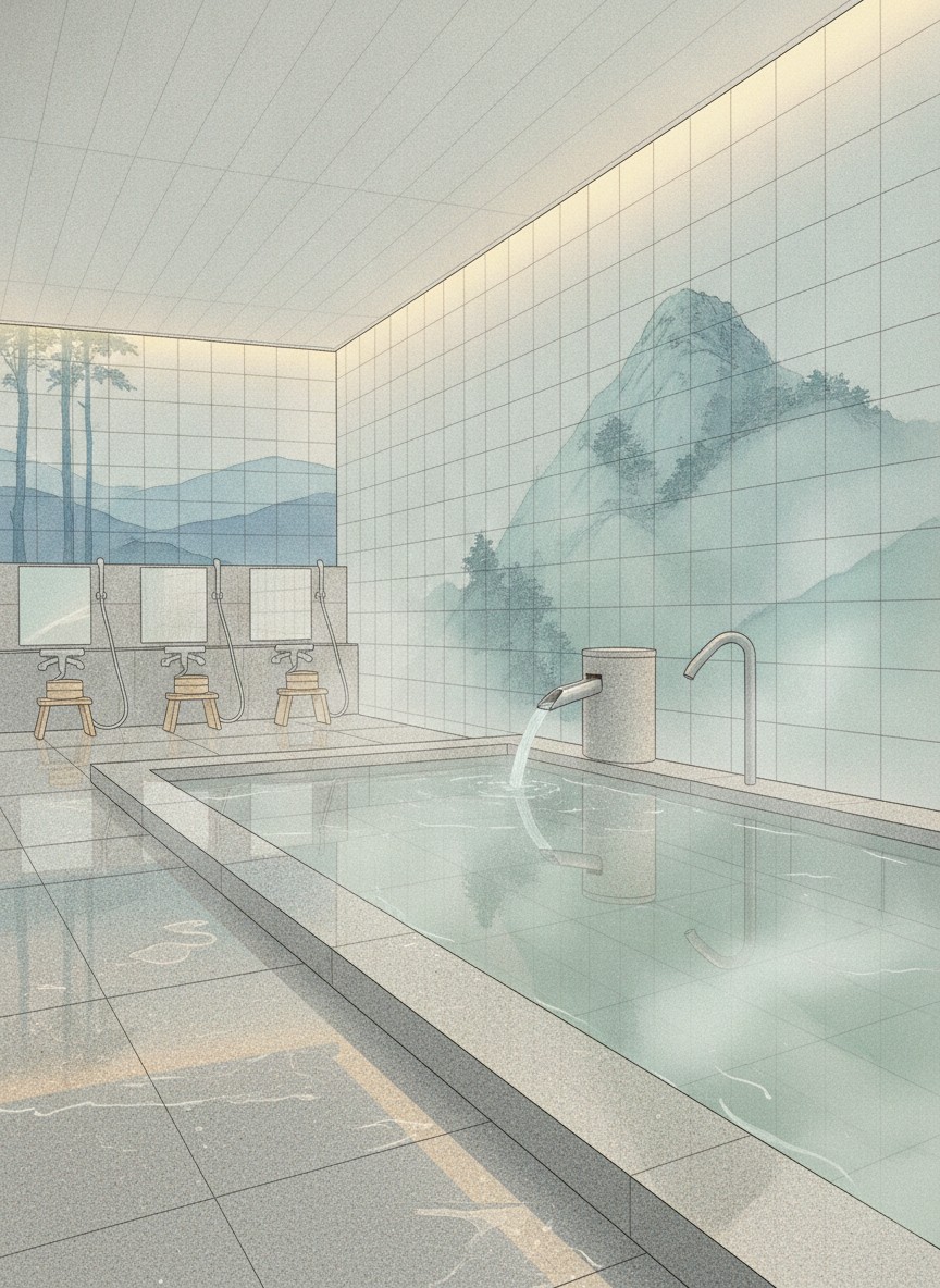 Illustration of Dogo Onsen Annex Asuka-no-yu in Dogo, beside Tsubaki-no-yu at the middle of the shopping arcade