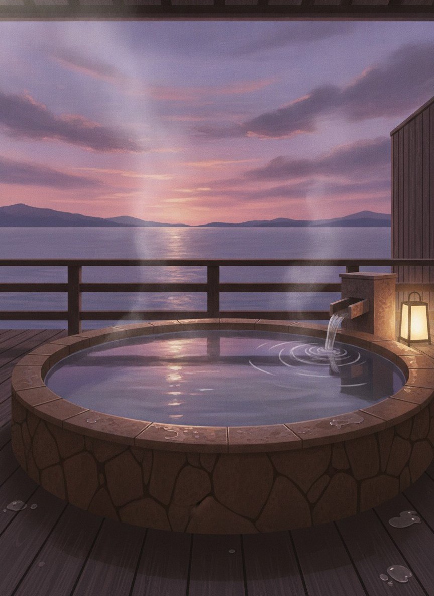 Illustration of Shunkei Roman Gimpaso in Nishiura Onsen, on the shore of the Nishiura peninsula beside Palm Beach, 8 minutes by shuttle from Nishiura Station