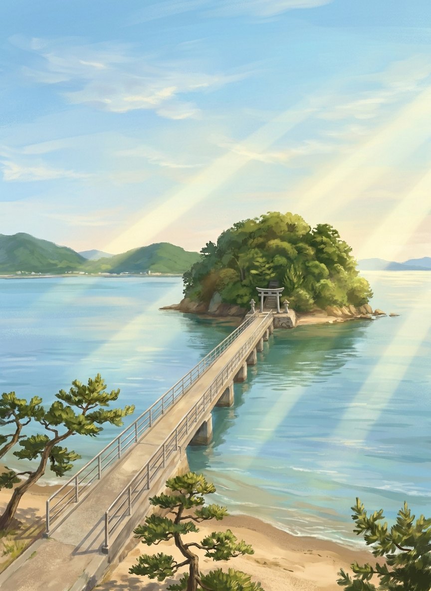 Illustration of Gamagori on a summer morning: the long footbridge to wooded Takeshima island across the calm blue water of Mikawa Bay