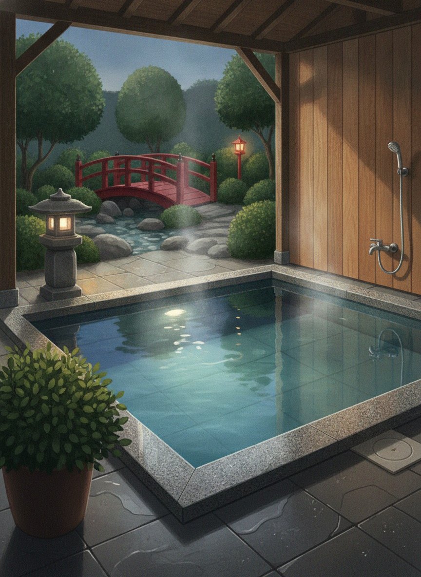 Illustration of Hiranoya Ryokan & Sauna in Miya Onsen, on the hill above Mikawa-Miya Station, 3 minutes by car from Laguna Ten Bosch