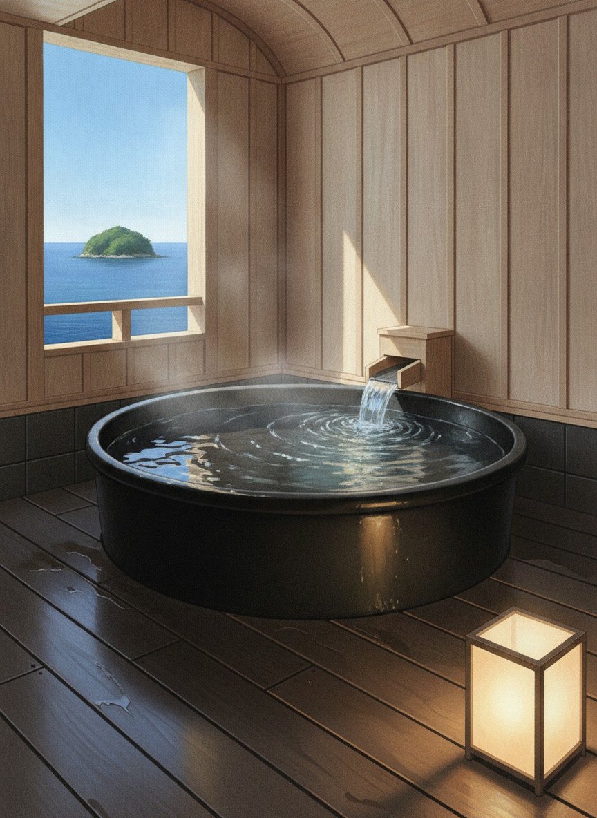 Illustration of Hotel Takeshima in Gamagori Onsen, on the shore facing Takeshima island, reached by the hotel's shuttle from Gamagori Station