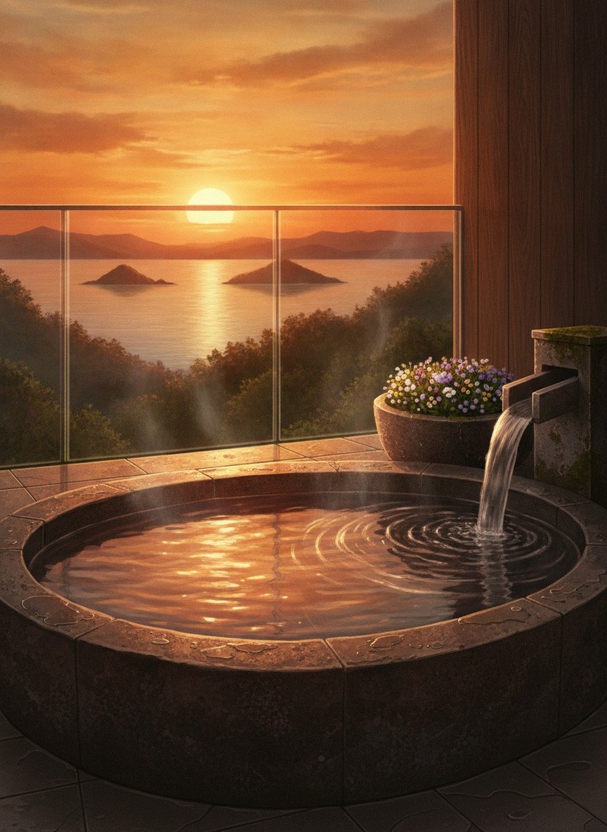 Illustration of Hotel Tokaien in Nishiura Onsen, on the highest ground of the Nishiura peninsula, above the swimming beach