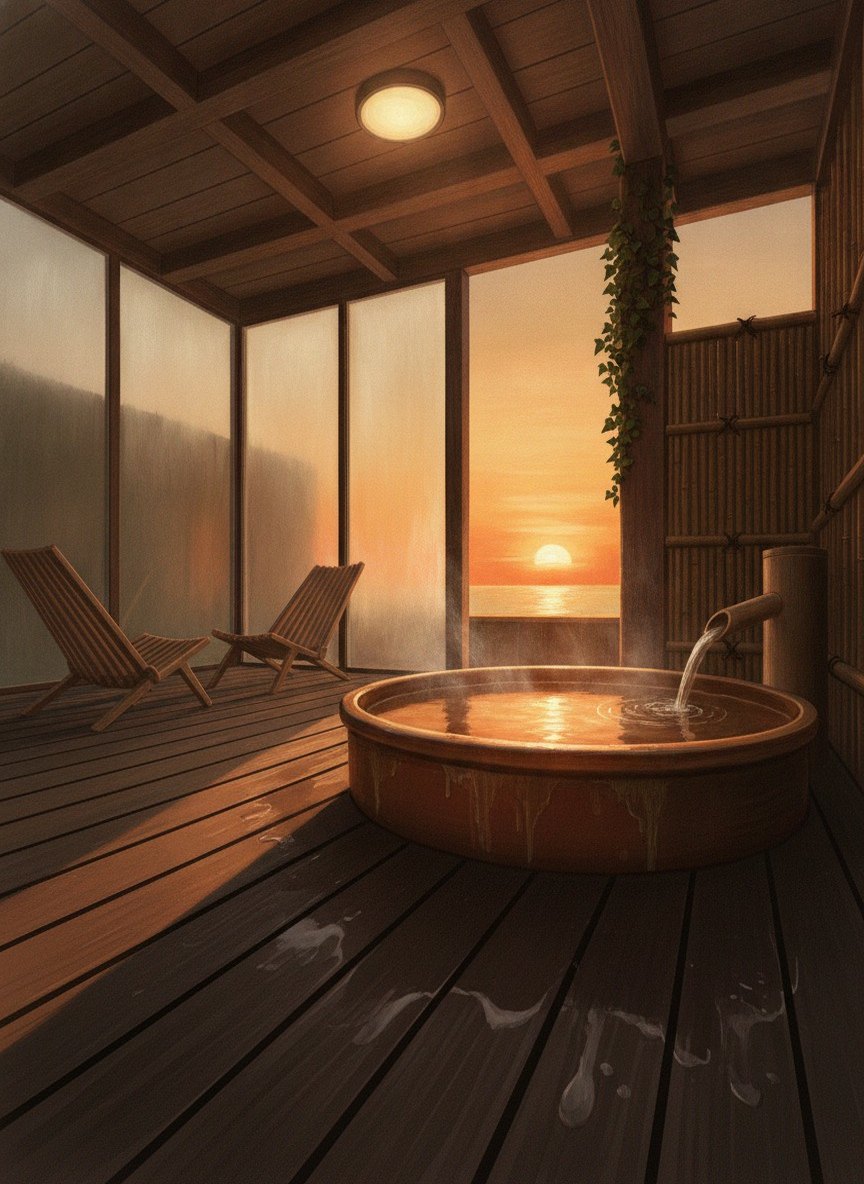Illustration of Tenku Kaiyu no Yado Suehiro in Nishiura Onsen, on the high ground of the Nishiura peninsula, about 10 minutes by shuttle from Nishiura Station