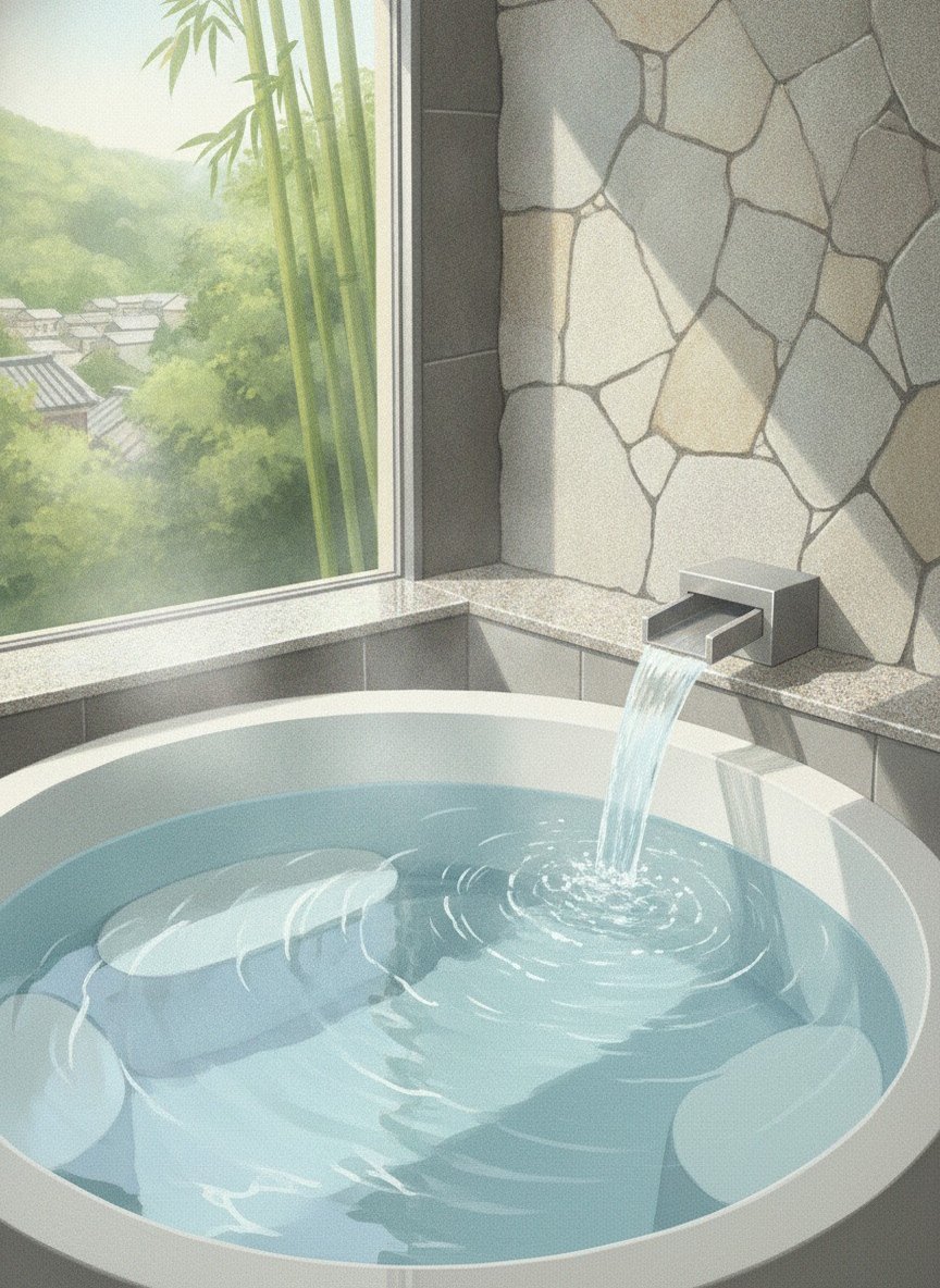Illustration of Sunhills Mikawawan in Miya Onsen, on the hillside above Mikawa-Miya Station, 7 minutes by taxi