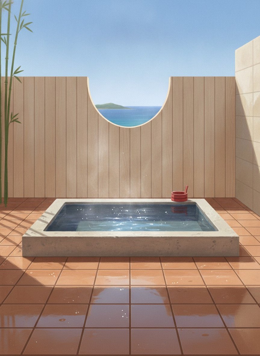 Illustration of Wa no Resort Hazu in Nishiura Onsen, on the hill at the tip of the Nishiura peninsula, reached by the inns' shared microbus from Nishiura Station