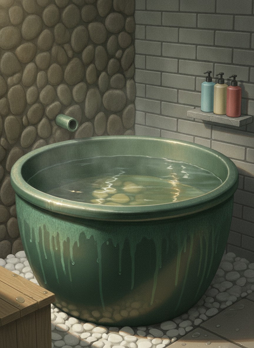 Illustration of Gero Onsen Fugaku in Yunoshima, on the slope beside the Kua Garden bath