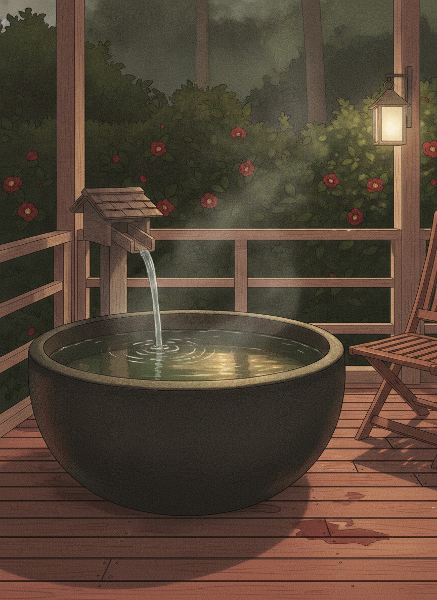 Illustration of Gero Kanko Hotel Honkan in Koden, on the wooded slope above the town along the Kakisaka stream