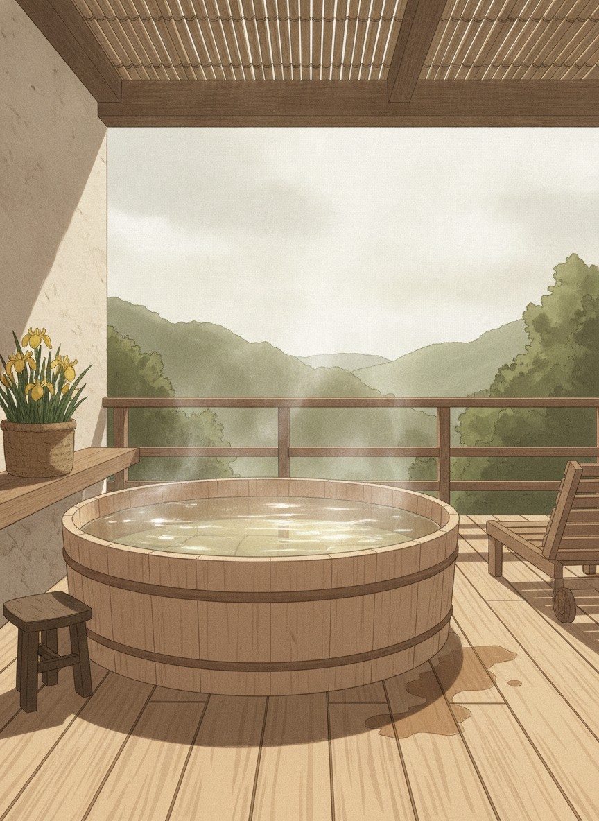 Illustration of Gero Onsen Yamagataya in Yunoshima, on the river below the Yu-no-machi street