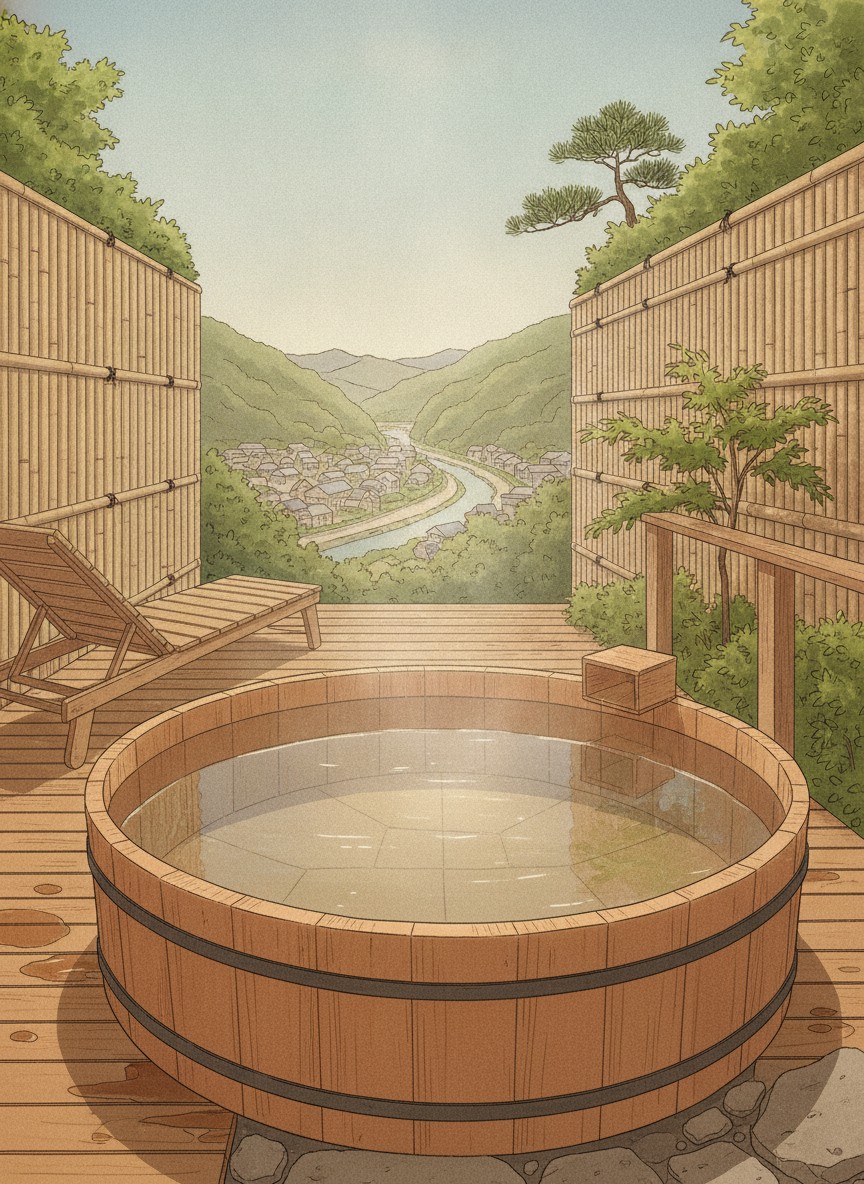 Illustration of Hotel Kusakabe Armeria in Koden, on the ridge above the town with a long view down the valley