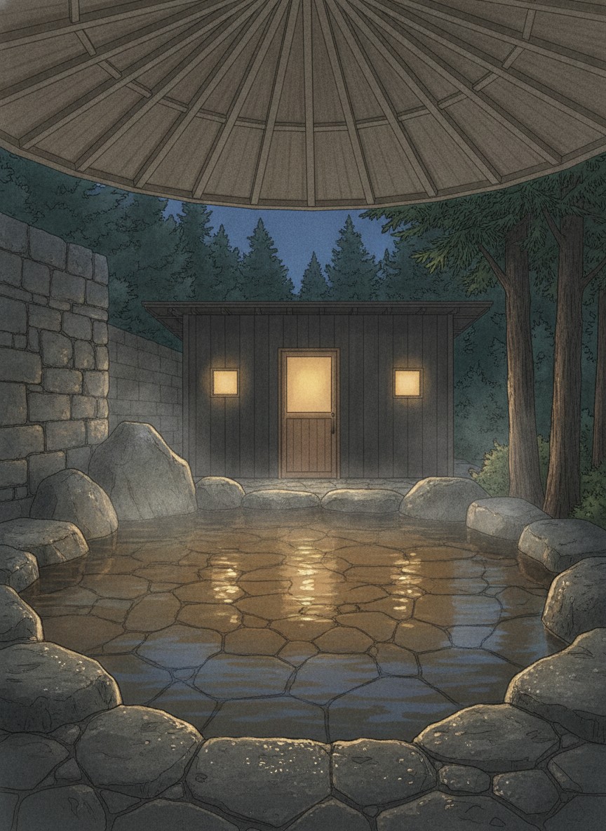 Illustration of Ooedo Onsen Monogatari Gero Bekkan in Yunoshima, in the middle of the inn street