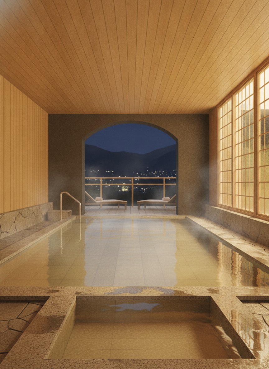 Illustration of Ooedo Onsen Monogatari Premium Gero Honkan in Koden, on the hillside above the river