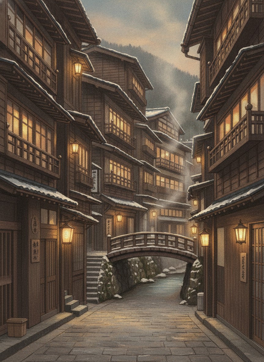 Illustration of the gas-lit wooden ryokan street of Ginzan Onsen at dusk