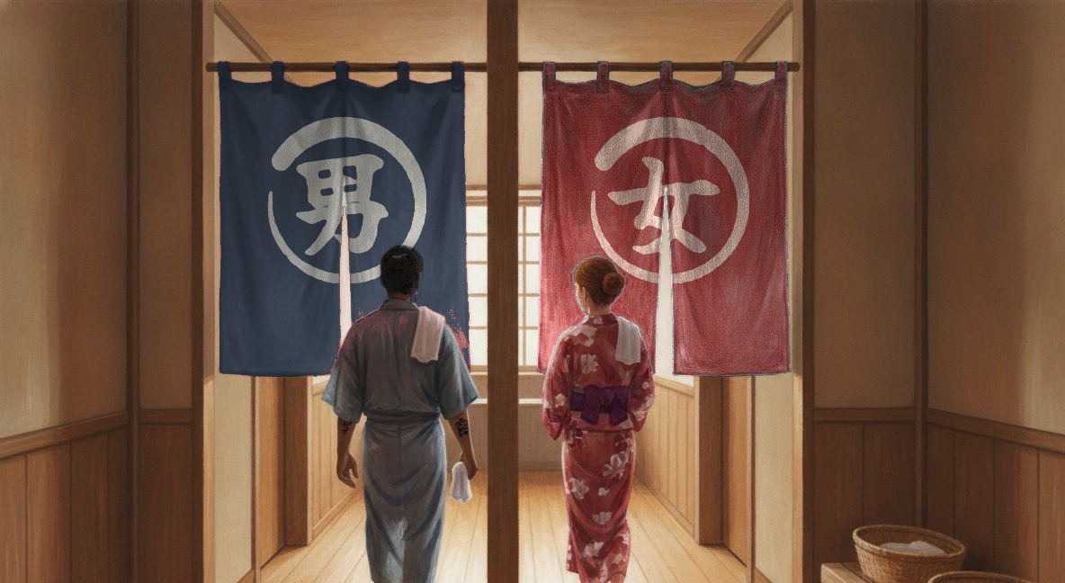 Two bath entrances side by side: a blue curtain marked for men and a red curtain marked for women