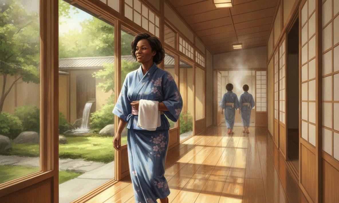 A guest in a yukata, towel over her arm, walking down a sunlit ryokan corridor toward the bath