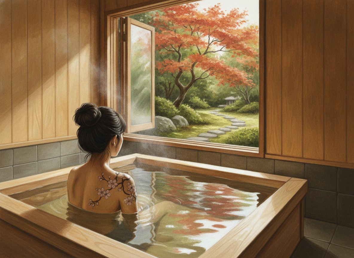 A small private cypress bath in an inn, reserved for one guest, with a window onto a garden