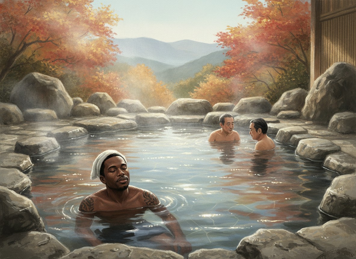 A man with a tattooed arm relaxing in a large open-air rock bath while two other bathers talk