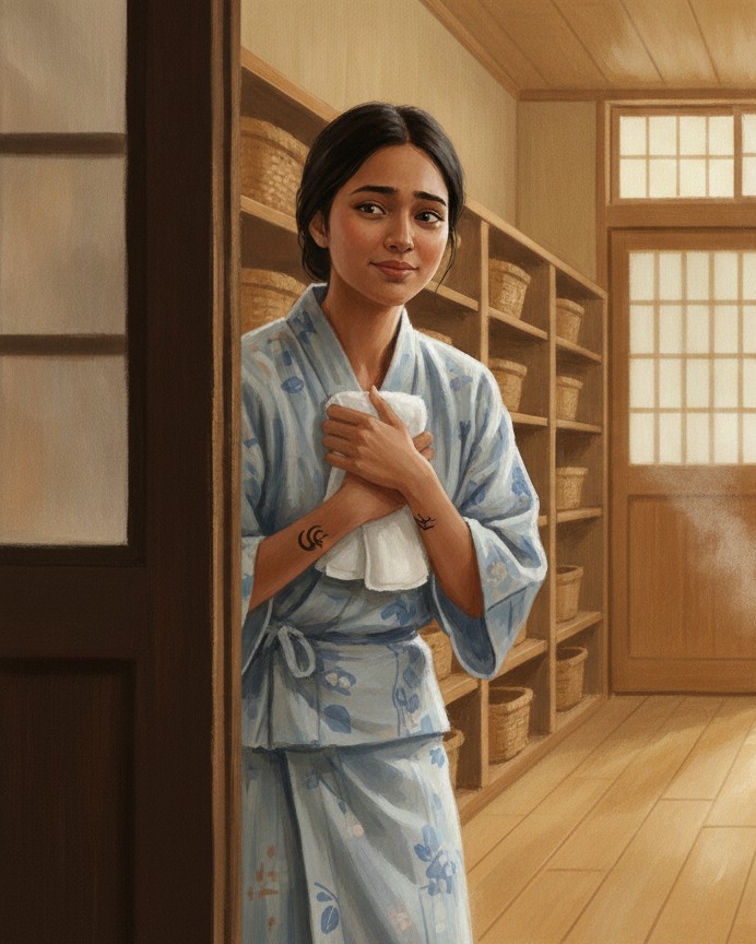 A first-time visitor in a yukata hesitating at the door of the changing room, towel held to her chest