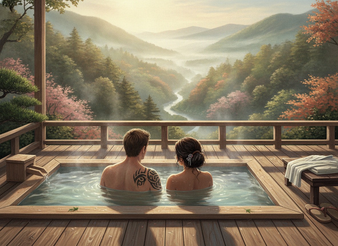 A couple, one with a tattooed shoulder, in a private open-air cypress bath on a ryokan terrace above a forested valley