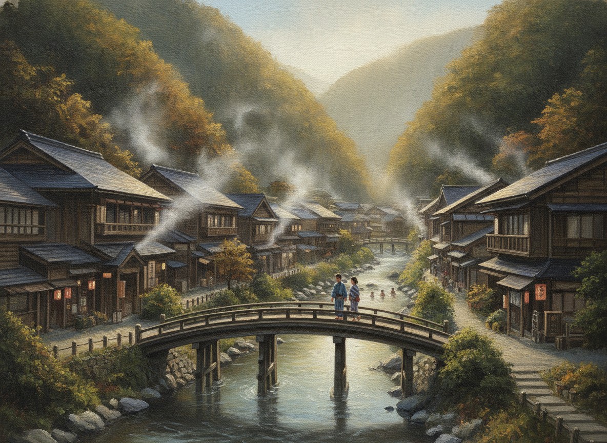 A hot spring town in a green mountain valley, steam rising between wooden inns along a river