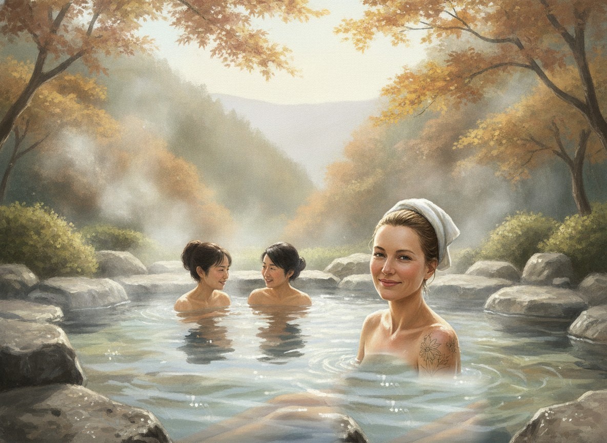 A woman with a wildflower tattoo on her shoulder smiling in the women's open-air bath