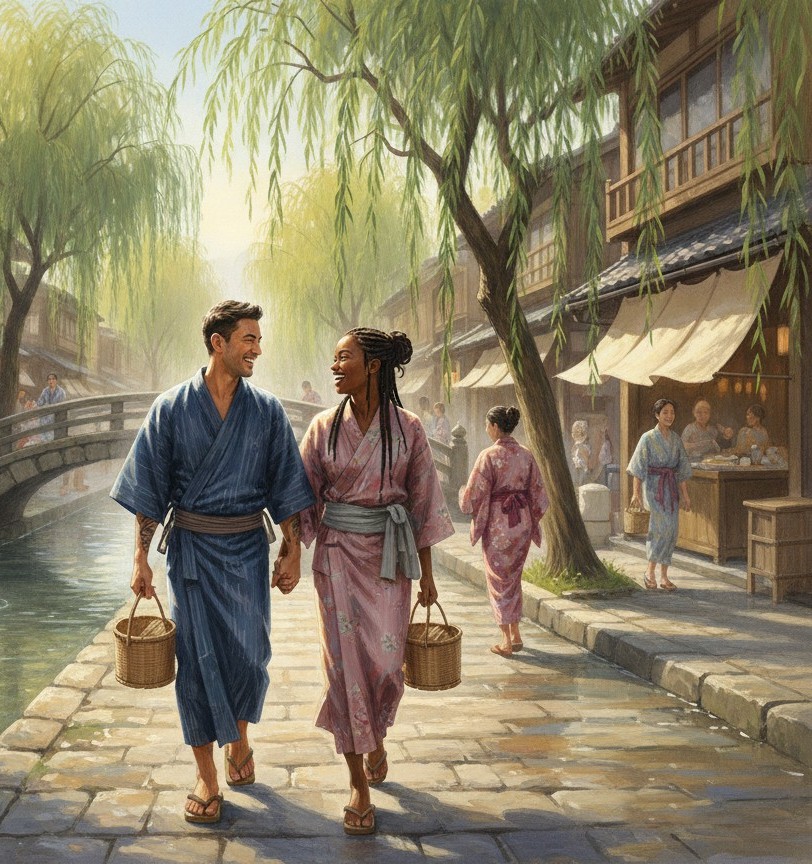 Visitors in yukata, one with a tattooed forearm, walking a willow-lined canal street between bathhouses