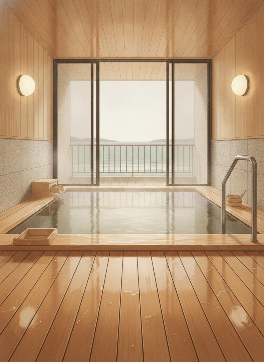 Illustration of Kappo Ryokan Wakamatsu in Yunokawa seafront, at the quiet southern end