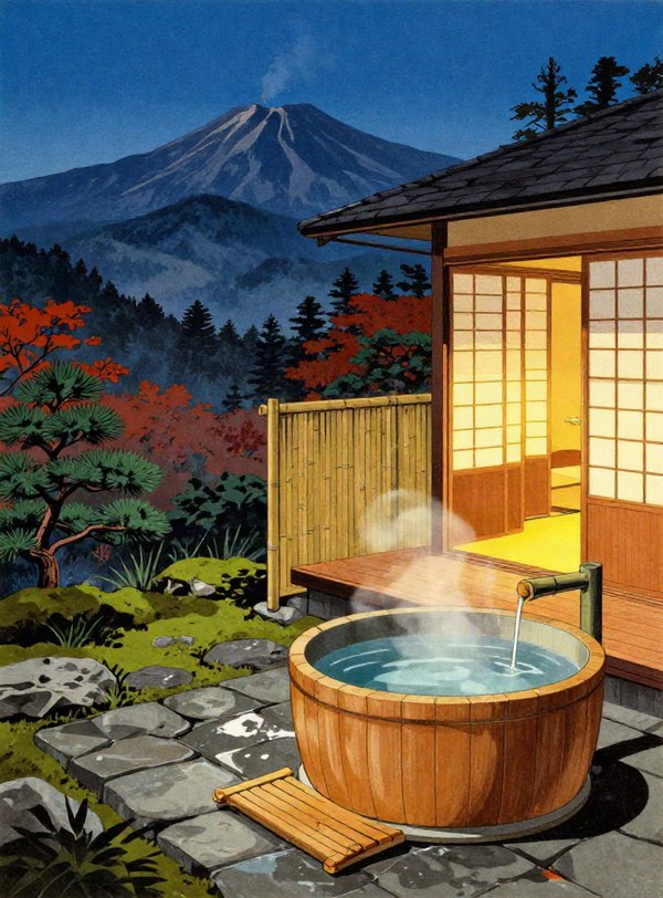 Illustration of Gora Kadan: a hinoki cypress soaking tub on a wet flagstone terrace beside a lamplit guest room, overlooking the Hakone hills at dusk