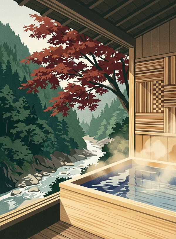 Illustration of KAI Hakone: a semi-open-air bath hall with one wall open to a forested river valley, a red maple overhanging the hinoki tub and a panel of Hakone yosegi marquetry on the inner wall